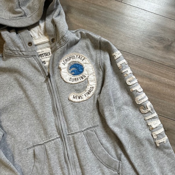 Aeropostale Mens Surfing Finals Zip Up Hoodie Gray Large Distressed Graphic Y2K - Picture 2 of 6